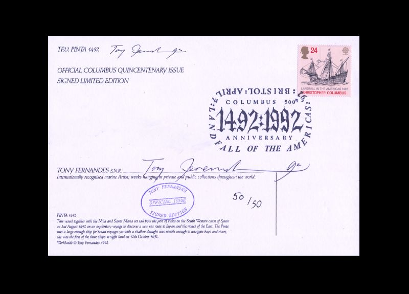 First Day Cover Pinta 1492 by Tony Fernandes
